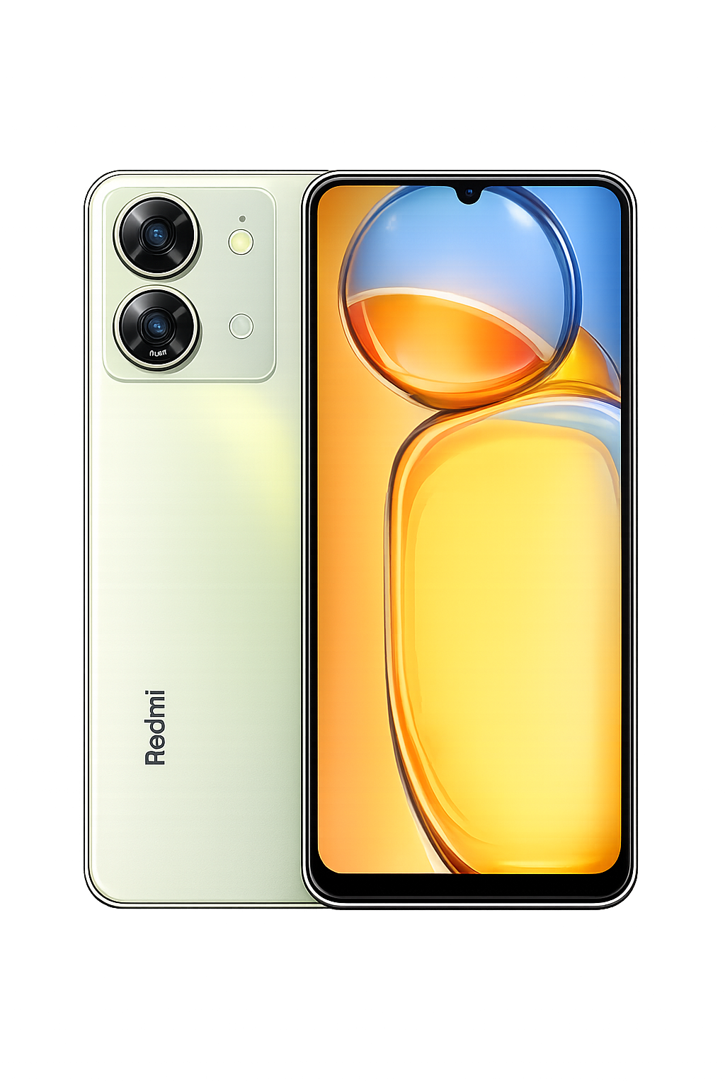 Een nieuw smartphone-model met een groot kleurrijk scherm en cameramodule aan de achterkant, op een platform met een kleurrijke lichtshow boven.