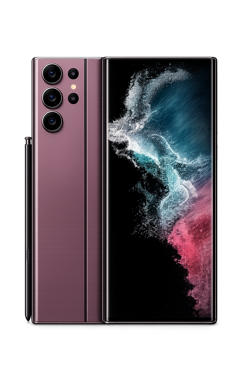 Een moderne smartphone met een groot display en meerdere camera's aan de achterkant, gezet op een donkere achtergrond met kleurrijke lichteffecten.