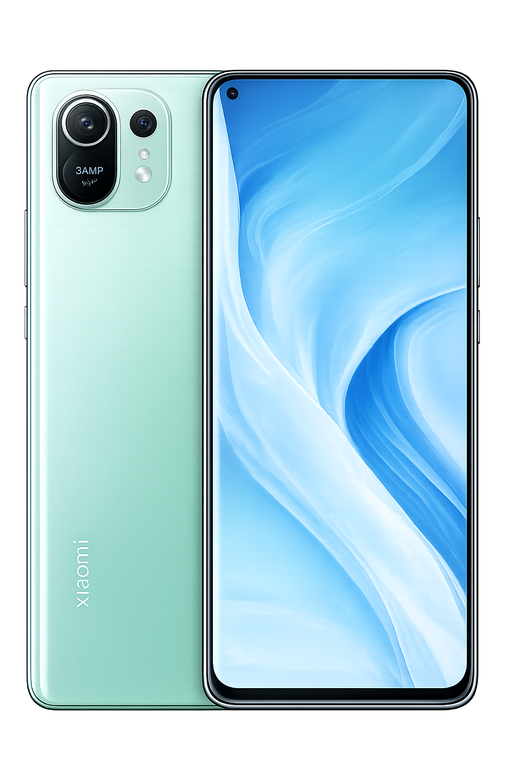 Een smartphone met een groot scherm en een dubbele camera aan de achterkant, merk Xiaomi, in een lichtgroene kleur.