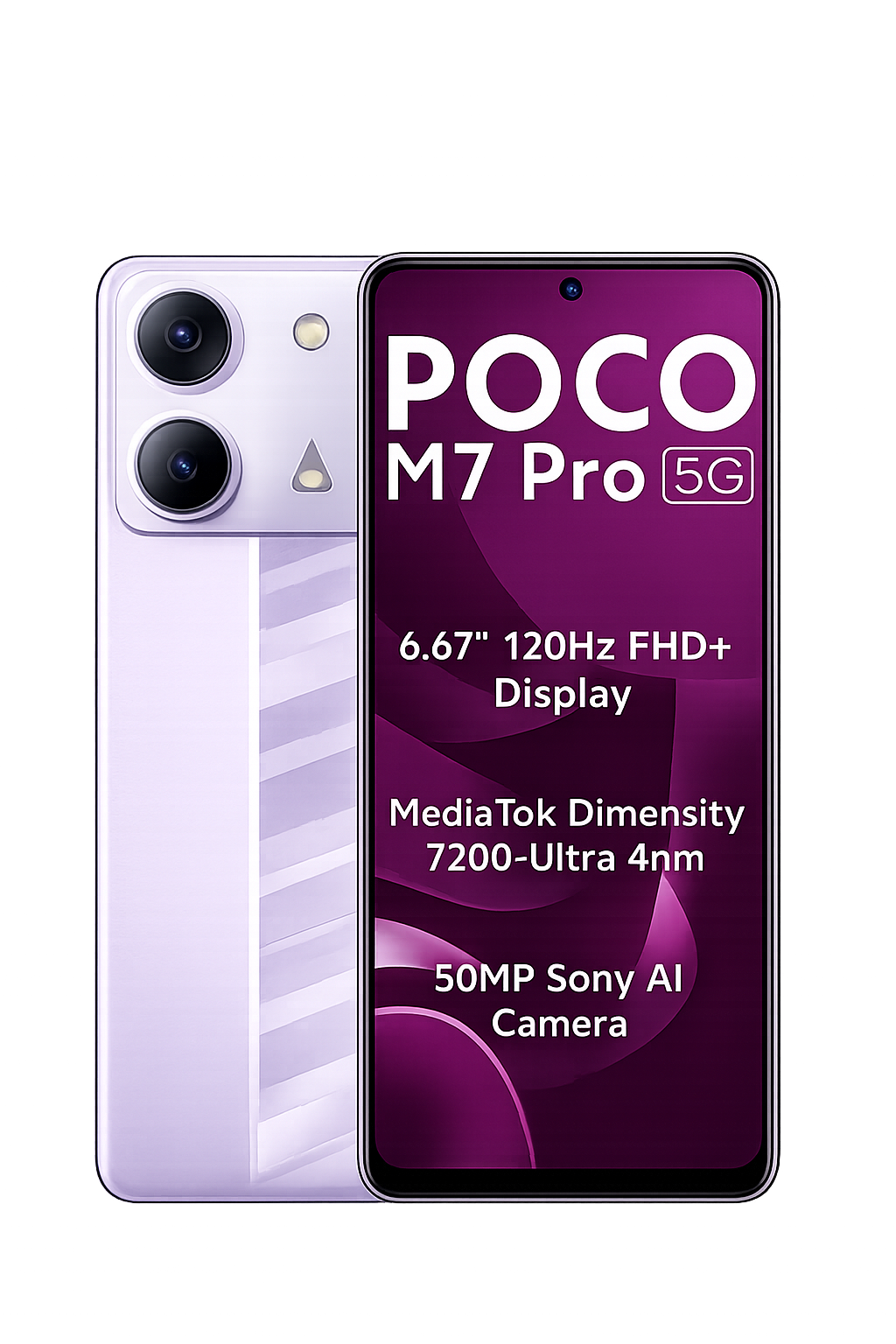 Een witte smartphone met dubbele camera's, getoond naast de verpakking die de specificaties benadrukt, inclusief 6.67 inch scherm, 120Hz verversingssnelheid, MediaTek Dimensity 7200-processor en 50MP Sony AI-camera.