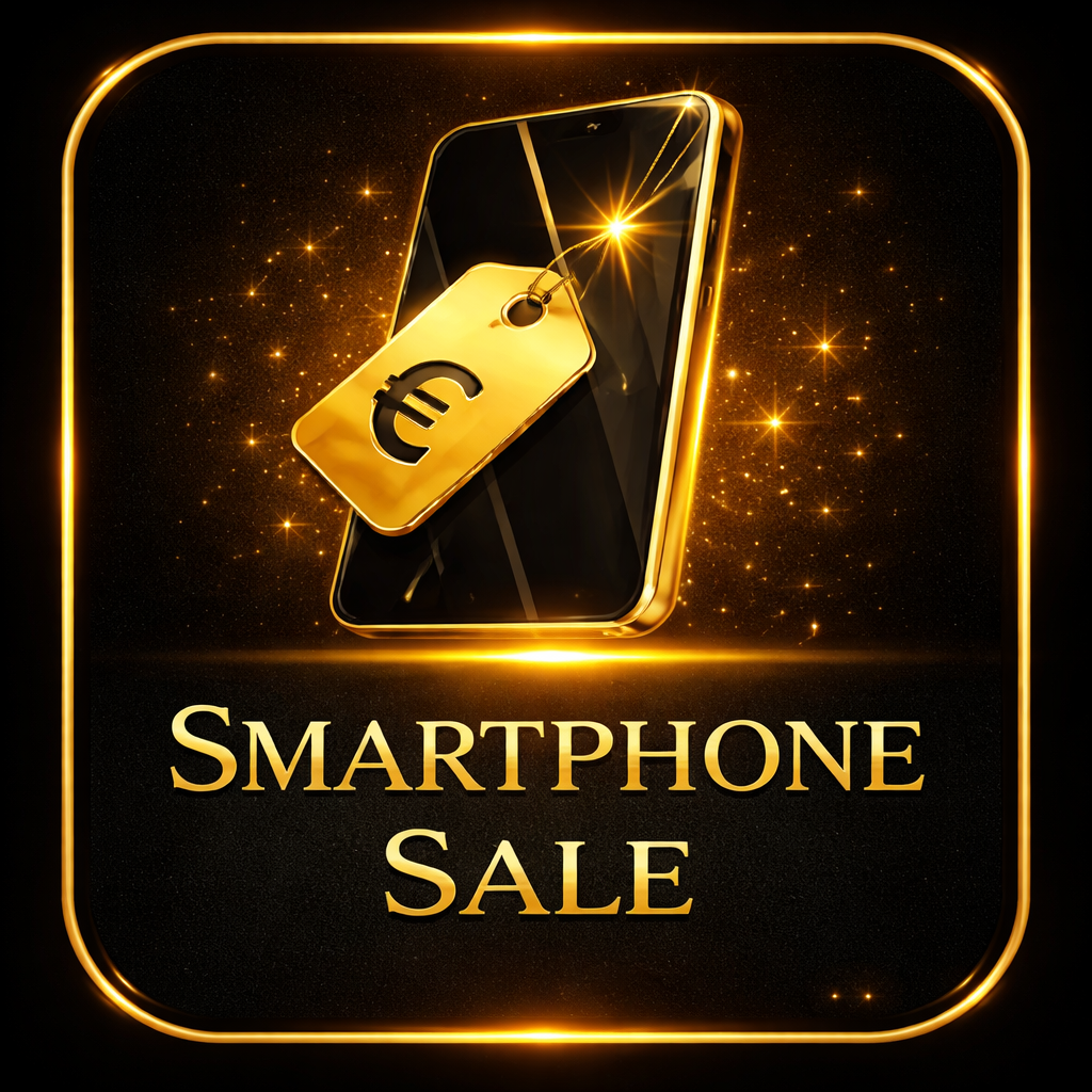 Een zwart-goed gekleurde smartphone met een gouden prijskaartje met een euroteken hangt eraan, omringd door gouden glitters en sterren tegen een zwarte achtergrond met goudkleurige rand. Onder de afbeelding staat de tekst 'SMARTPHONE SALE'.