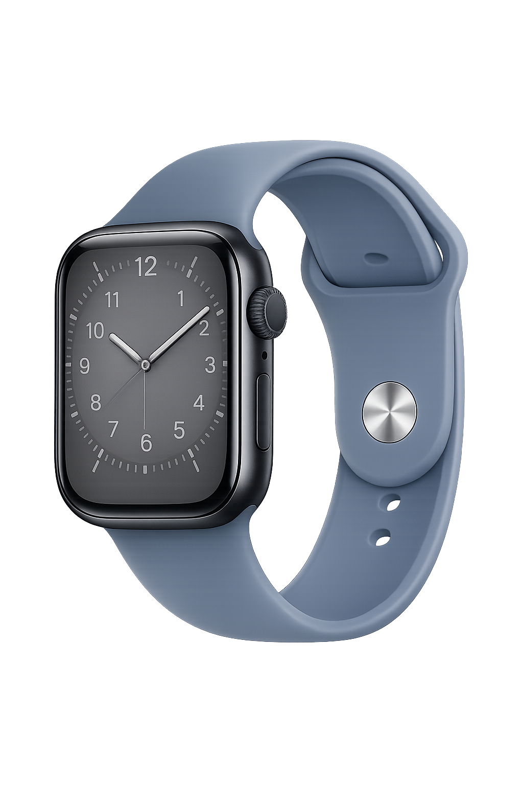 Een smartwatch met een lichtblauw band en een zwart scherm met een analoog uurwerk, tegen een donkere achtergrond met rode en paarse lichten.