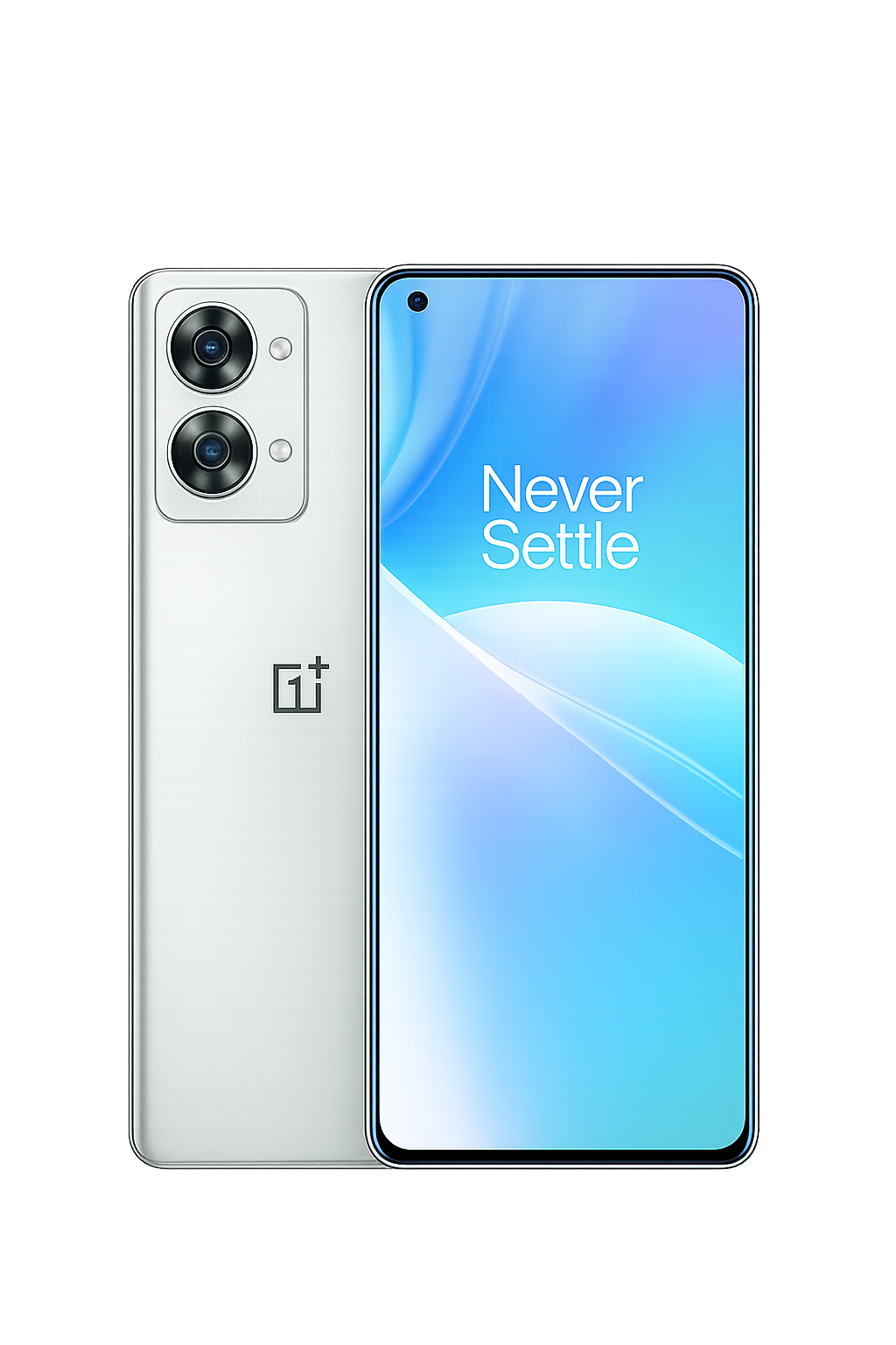 Een witte OnePlus-smartphone met dual-camera en de tekst 'Never Settle' op het scherm, tegen een donkere achtergrond met rode en paarse lichteffecten.