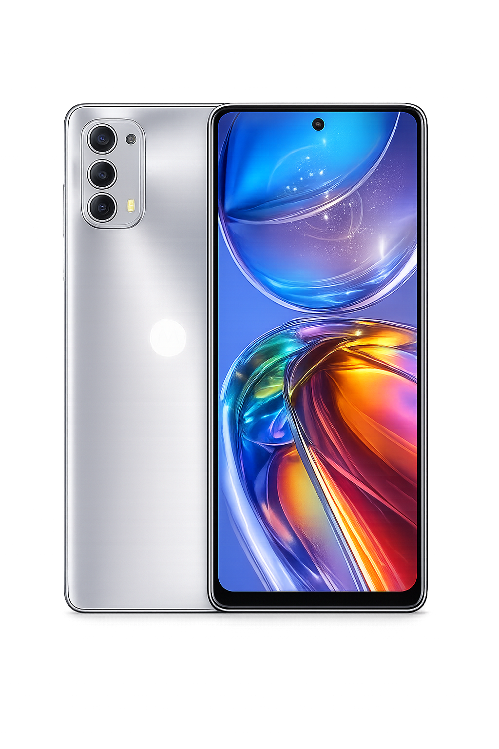 Een moderne smartphone met drie camera's aan de achterkant en een helder, kleurrijk scherm, tegen een donkere achtergrond met rode lichtpatronen.