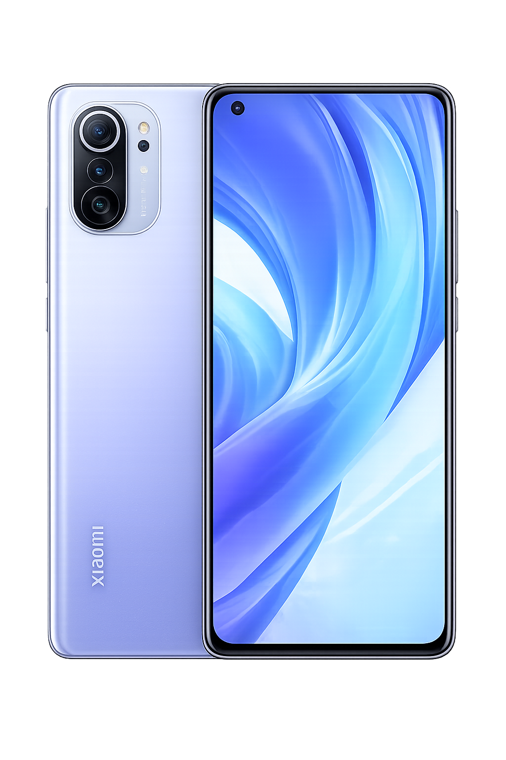 Een moderne smartphone met een grote roze/blauwe scherm en drie camera's op de achterkant, merknaam XIAOMI.