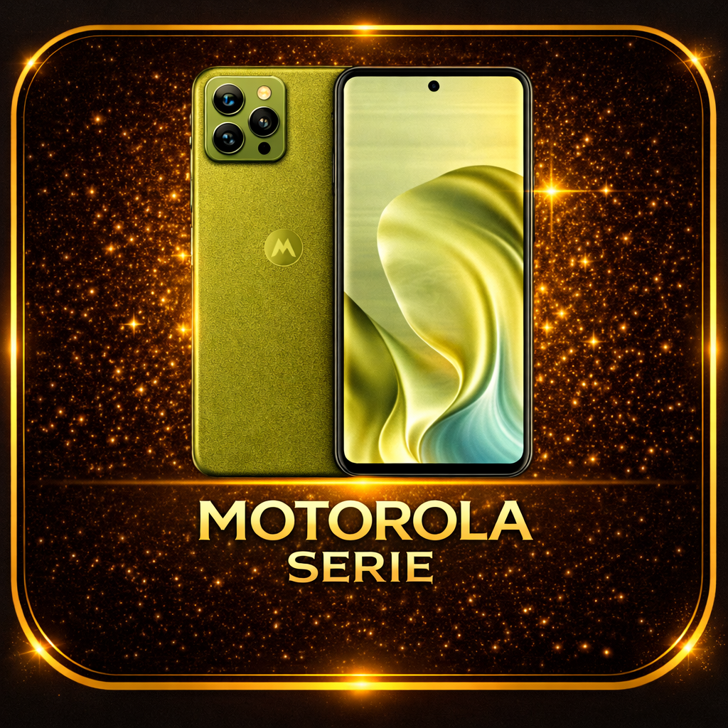 Een afbeelding van een Motorola-smartphone uit de series, groen van kleur, met een grote scherm en een vierkamer-lens op de achterkant, tegen een gouden glitterende achtergrond met de tekst 'Motorola Serie'.