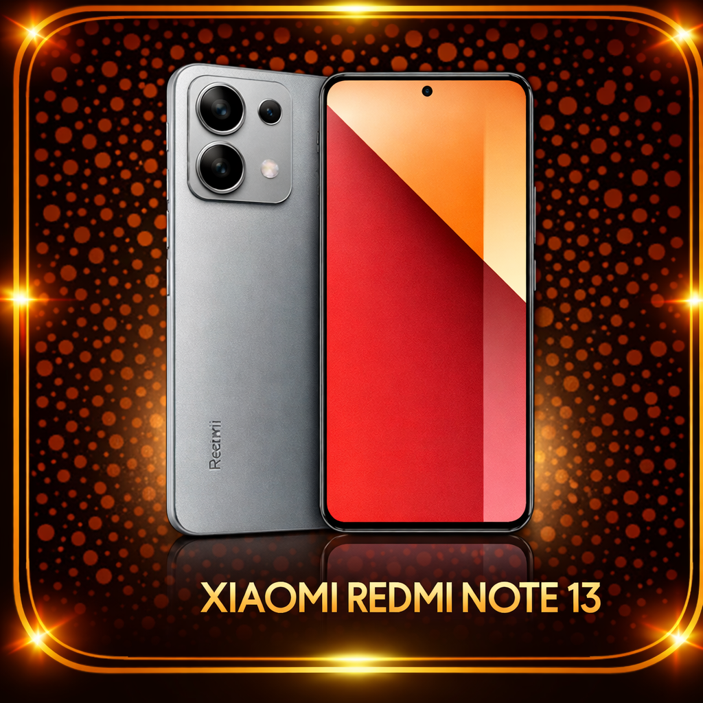 Een zilverkleurige Xiaomi Redmi Note 13 smartphone met een groot scherm en drie camera's aan de achterkant, afgebeeld op een glanzende, feestelijke zwarte achtergrond met oranje stippen en gouden randjes. Tekst onderaan: 'Xiaomi Redmi Note 13'.