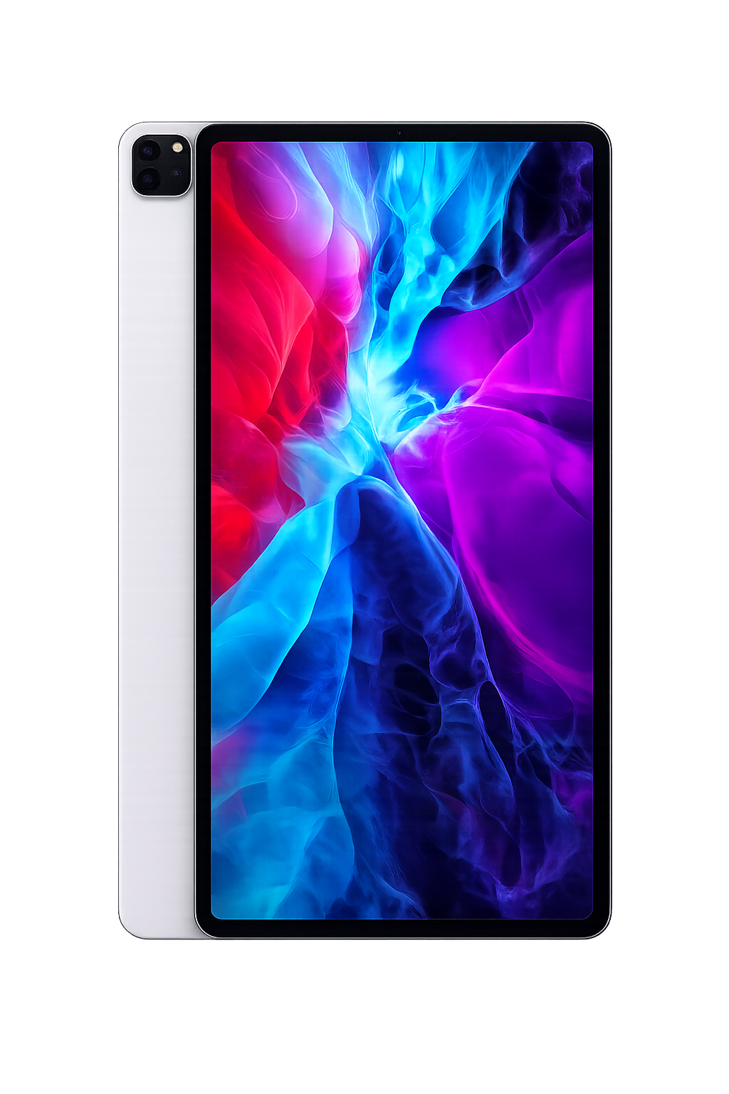 Een smartphonemodel met een kleurrijk scherm vol blauwe, paarse en roze vlam-achtig design en een dubbele camera aan de achterkant.