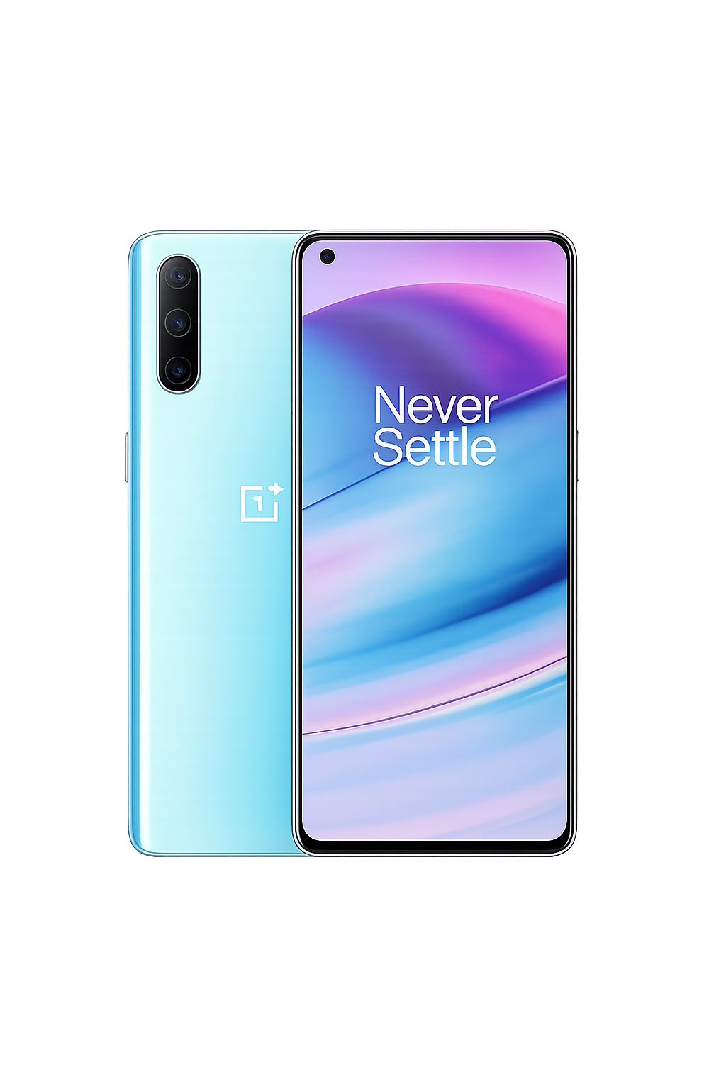 Een smartphone met de tekst 'Never Settle' op het scherm, een lichte blauwe achterkant met drie camera's aan de achterkant, en een kleurrijk achtergrond met gestileerde lichten.