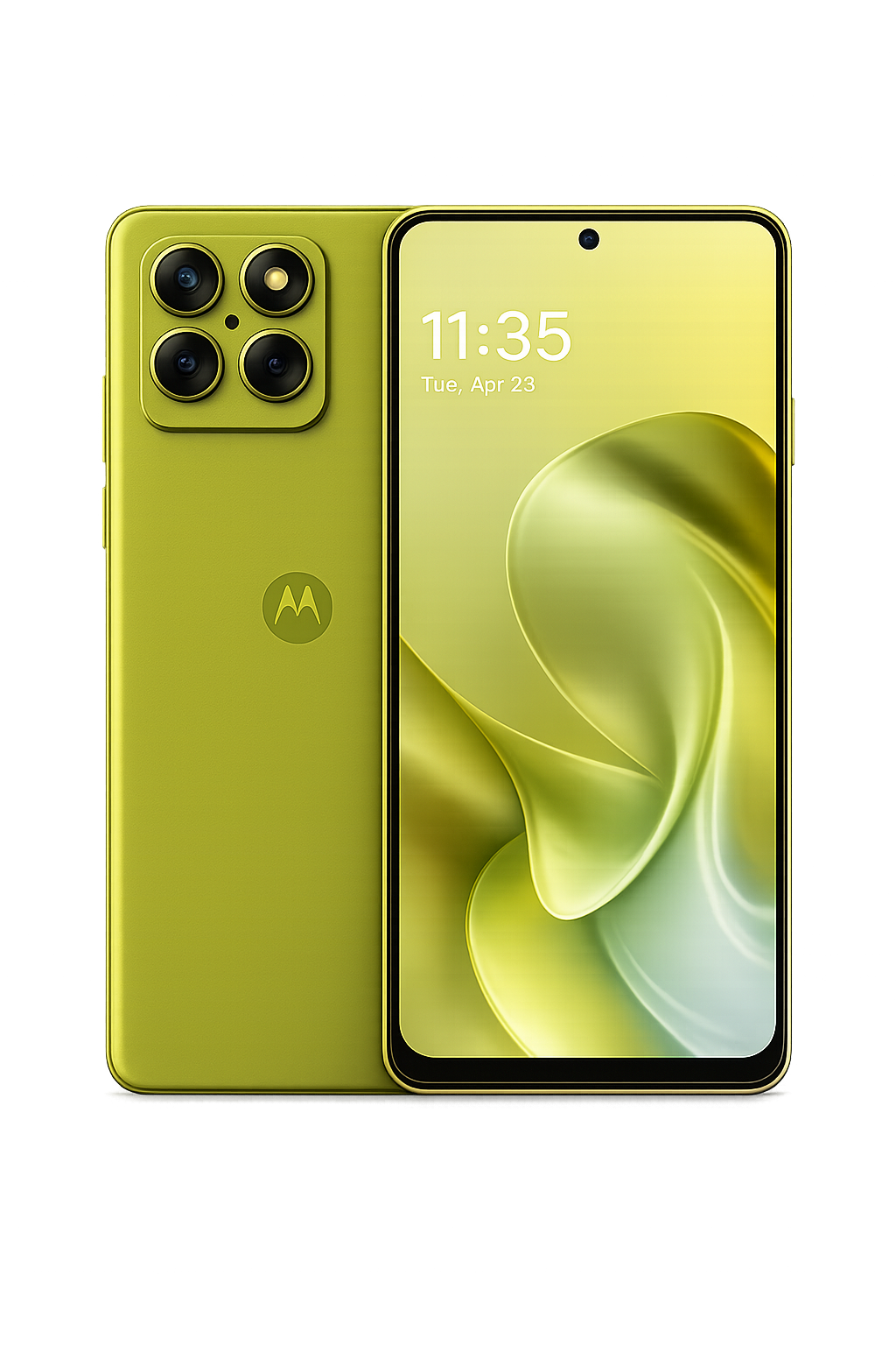 Een gele Motorola-smartphone met een groot scherm en een vierrijige camerasysteem op de achterkant, weergegeven voor een technologisch decor met neonlichten.