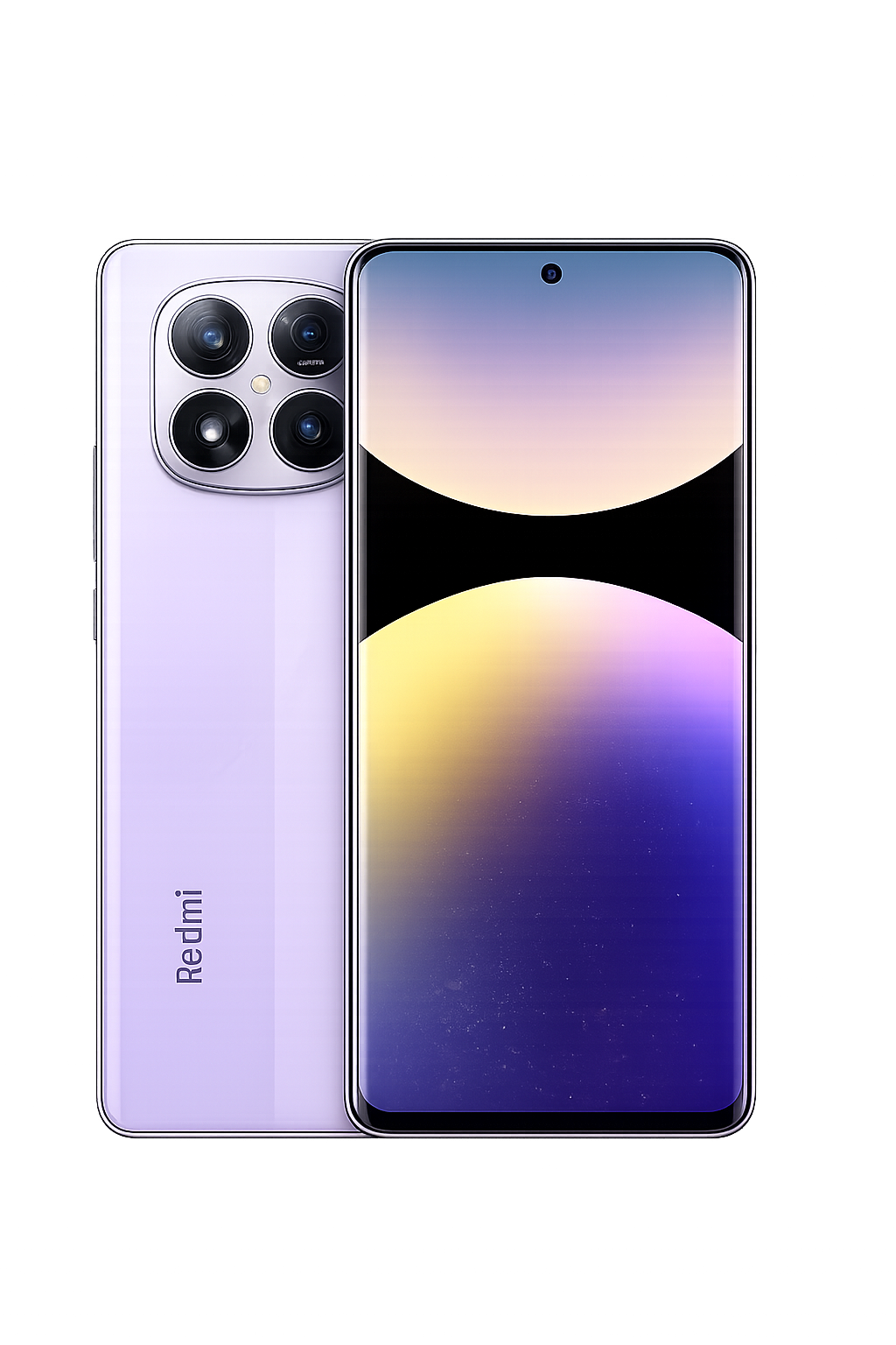 Een nieuwe Xiaomi Redmi-smartphone met een grote scherm en vierCamera's aan de achterkant, met een achtergrond van de feestverlichting.