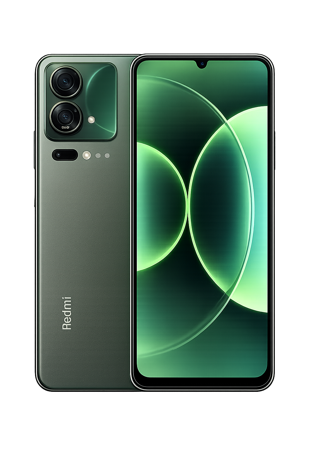 Groene Xiaomi Redmi smartphone met dubbele camera en groot scherm met groene abstracte achtergrond.
