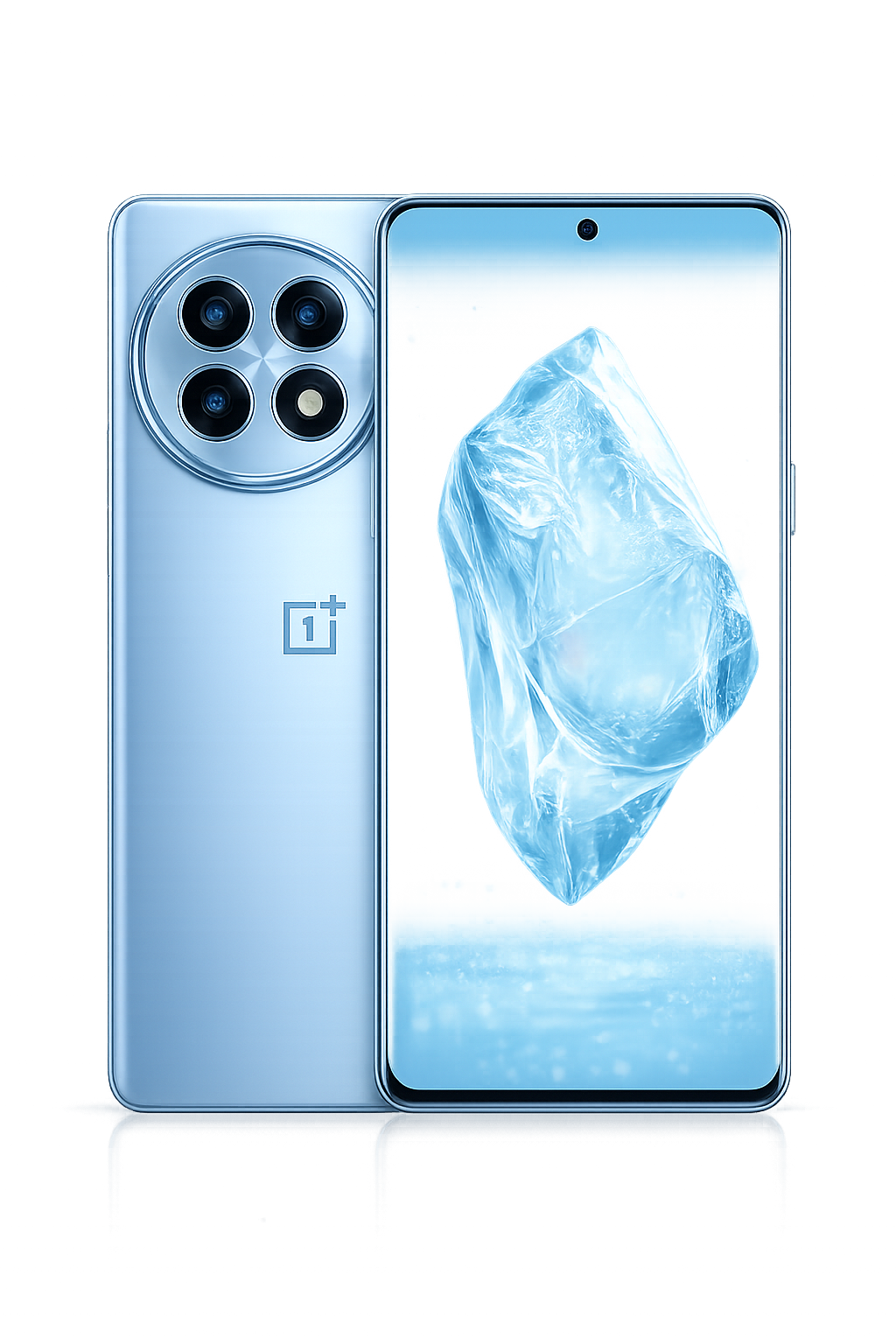 Een moderne smartphone met een ijsberg op het scherm en een driekleurige camera op de achterkant, merk OnePlus.
