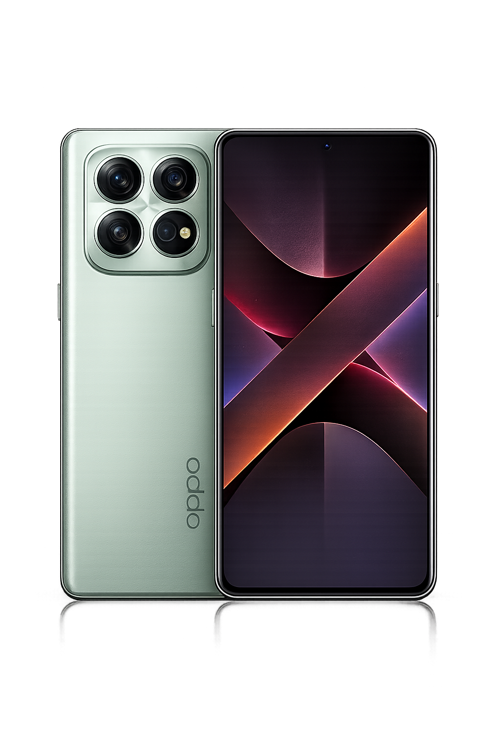 Een nieuwe smartphone met een groot scherm en een viervoudige camerasysteem aan de achterkant, weergegeven in een donkere omgeving met kleurrijke lichteffecten.