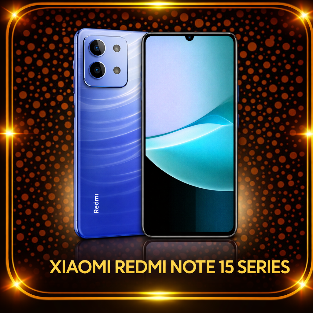 Een afbeelding van de Xiaomi Redmi Note 15 Series smartphone, met een blauwe achterkant en dual camera setup, op een achtergrond van oranje stippen en een gouden rand met de tekst 'Xiaomi Redmi Note 15 Series'.