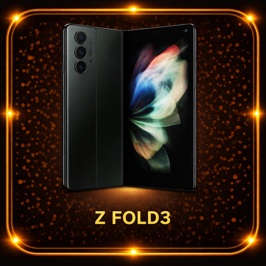Een zwart smartphone met een omklapbaar scherm, weergegeven open en op de achtergrond bevatten glanzende gouden stippen en een gouden rand, met de tekst 'Z FOLD3' onderaan.