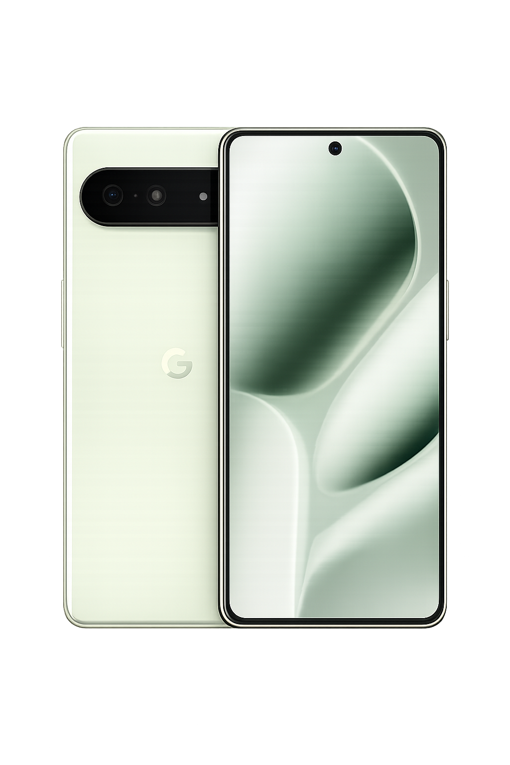 Een nieuwe Google Pixel-smartphone, met een zwart scherm en een frontcamera in een uitsparing, en een achterkant met een dubbele camera en het Google-logo, geplaatst op een houten oppervlak met een kleurrijke achtergrond.