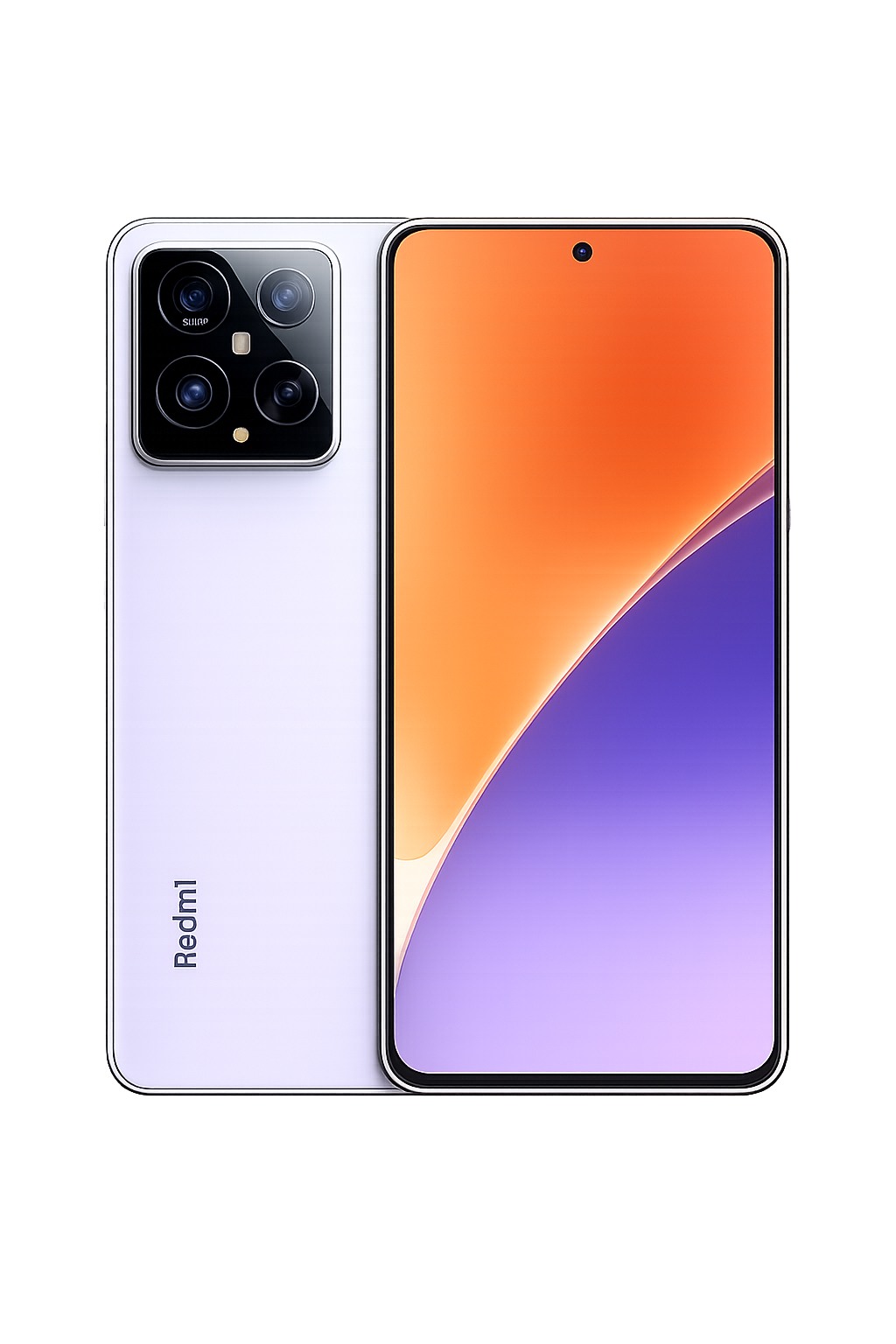 Smartphone met witte achterkant en grote camera-eenheid, naast een scherm met kleurrijk display.