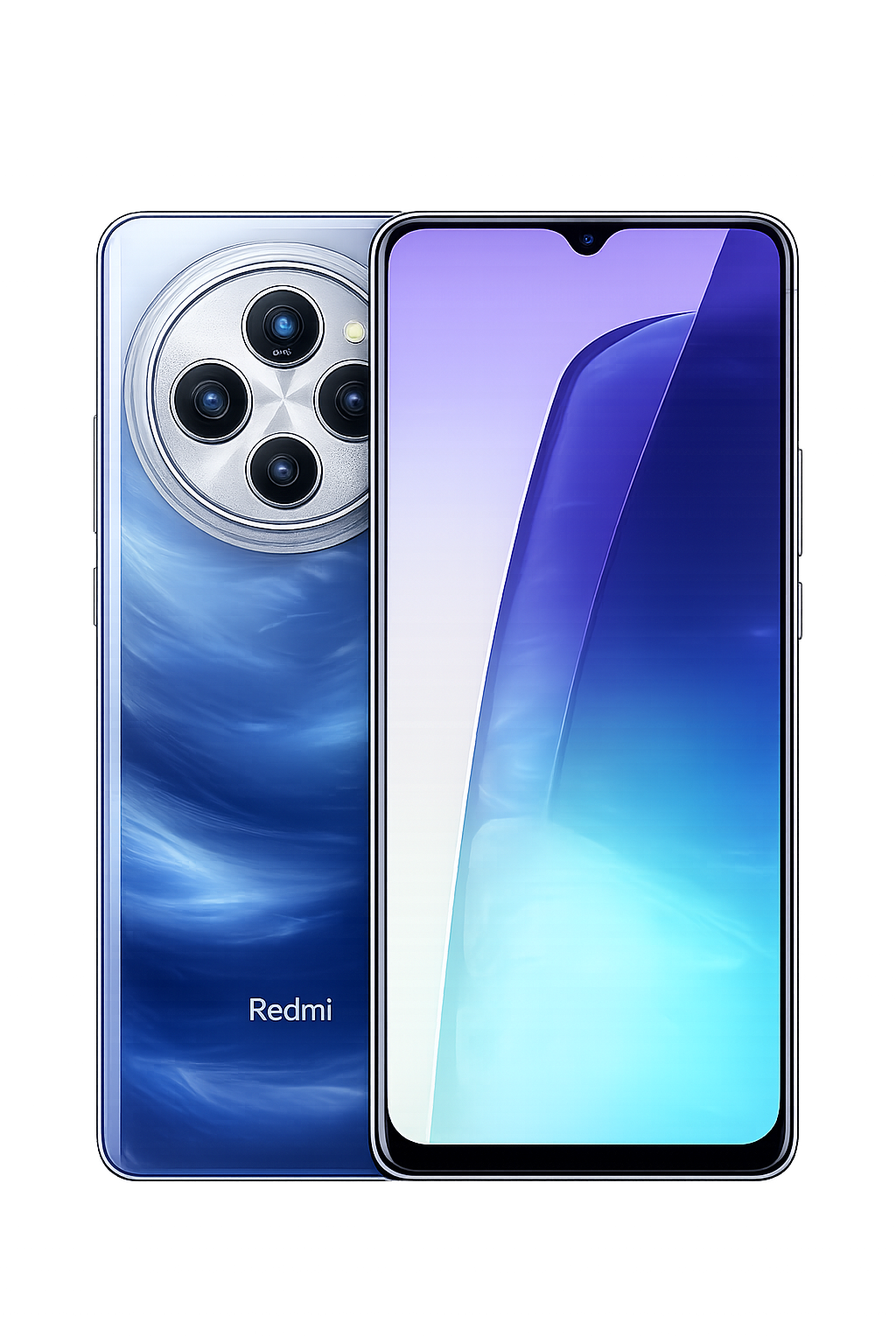 Een afbeelding van een witte Redmi-smartphone met een vier-camera-opstelling op de achterkant en een groot scherm aan de voorkant.