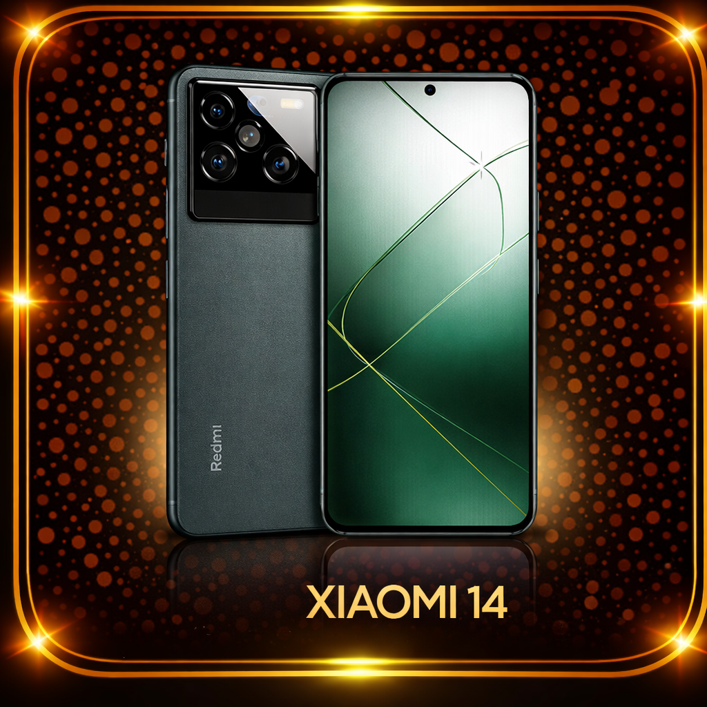 Een Xiaomi 14-smartphone en een Redmi 14-smartphone op een glanzende achtergrond met oranje stippen en goudkleurige rand, met de tekst 'Xiaomi 14' onderin.