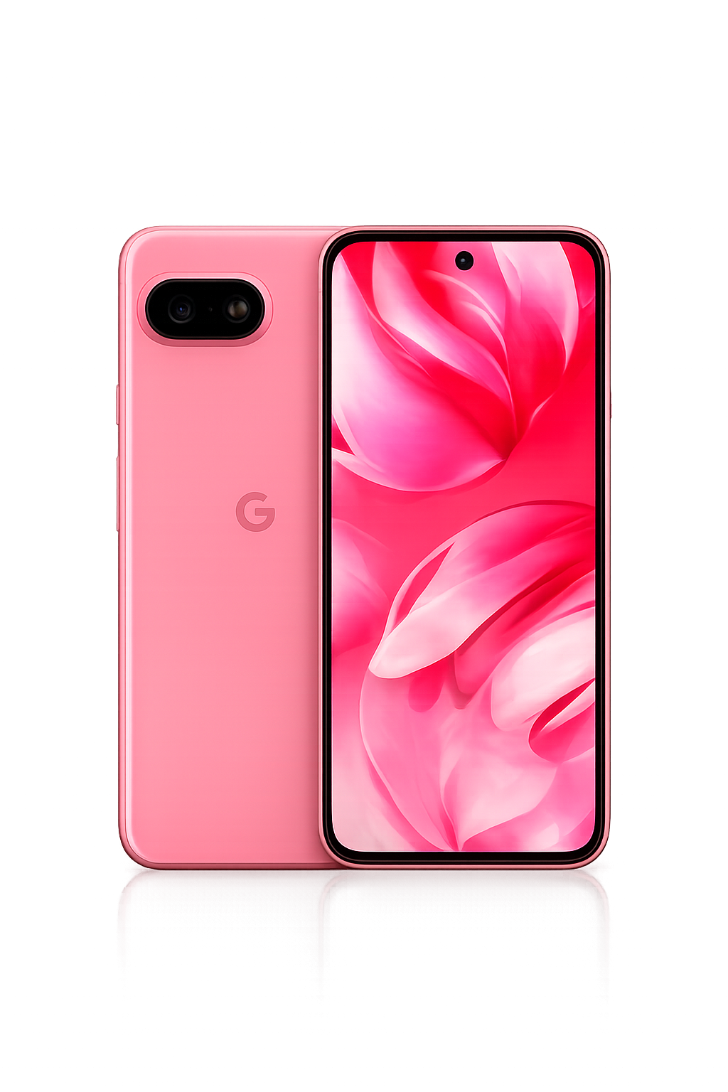 Een roze smartphone met een grote scherm en een dubbele camera aan de achterkant, weergegeven tegen een donkere achtergrond.