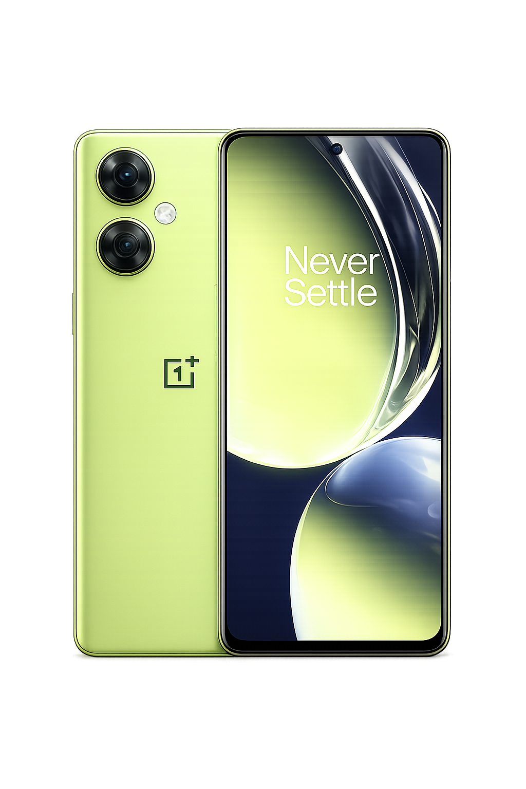 Een nieuwe Xiaomi-smartphone met een gele behuizing, dubbele camera aan de achterkant, en het tegeltje met de tekst 'Never Settle'.