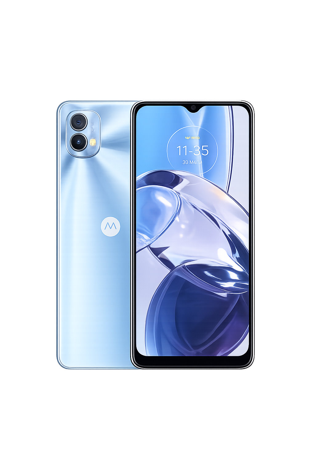 Een mobiele telefoon met een blauw en zwart ontwerp, met dual-camera's en een groot scherm, tegen een zwarte en rode achtergrond met lichtsporen.