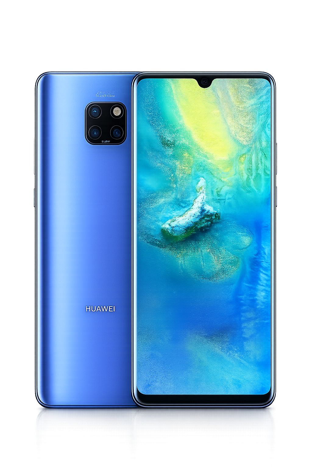 Een blauwe Huawei smartphones met een groot scherm en drievoudige camera op de achterkant, geplaatst voor een kleurrijke achtergrond met rood en paarse lichteffecten.