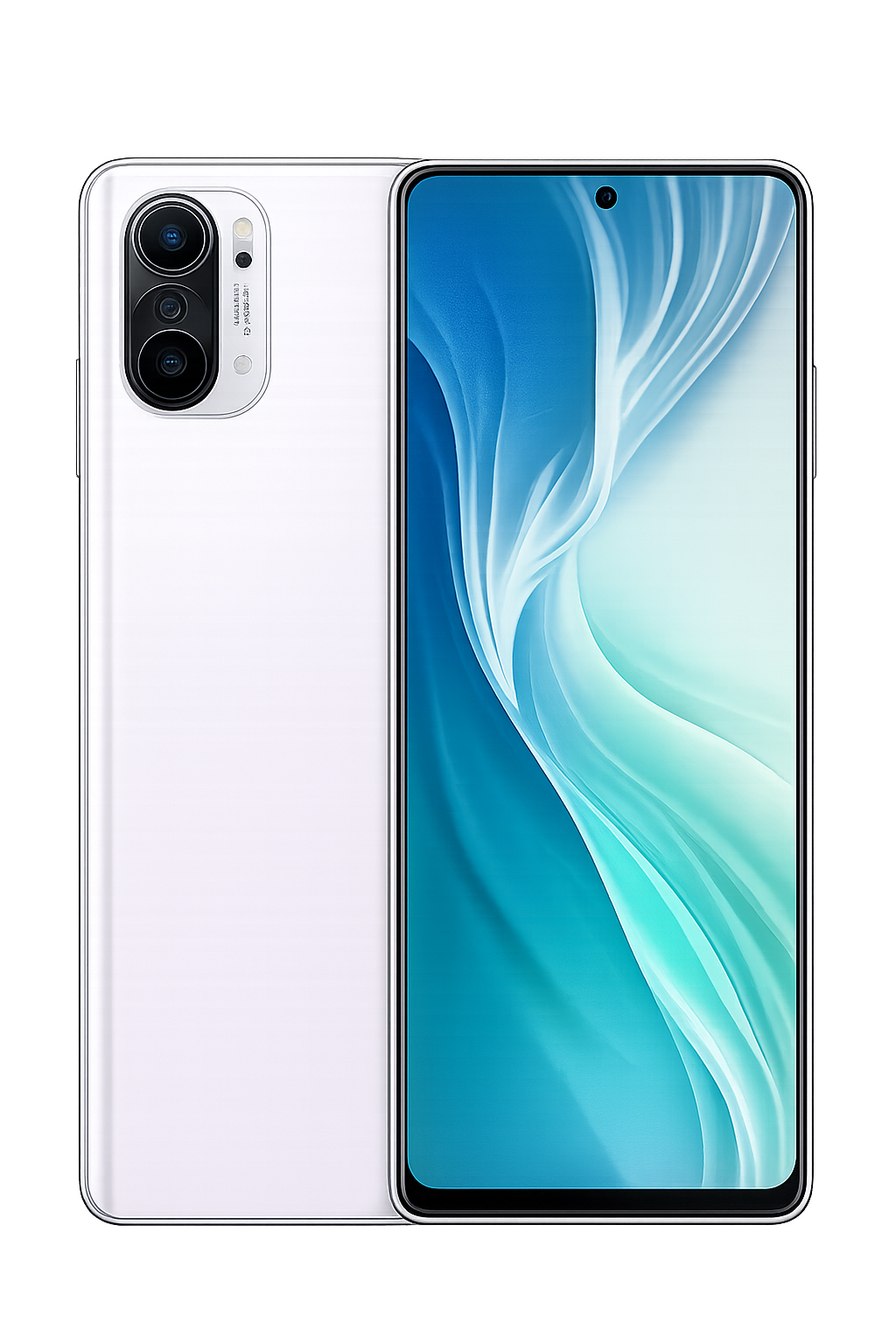 Een witte smartphone met een groot scherm en drie camera's aan de achterkant, tegen een zwarte achtergrond met rode accenten.