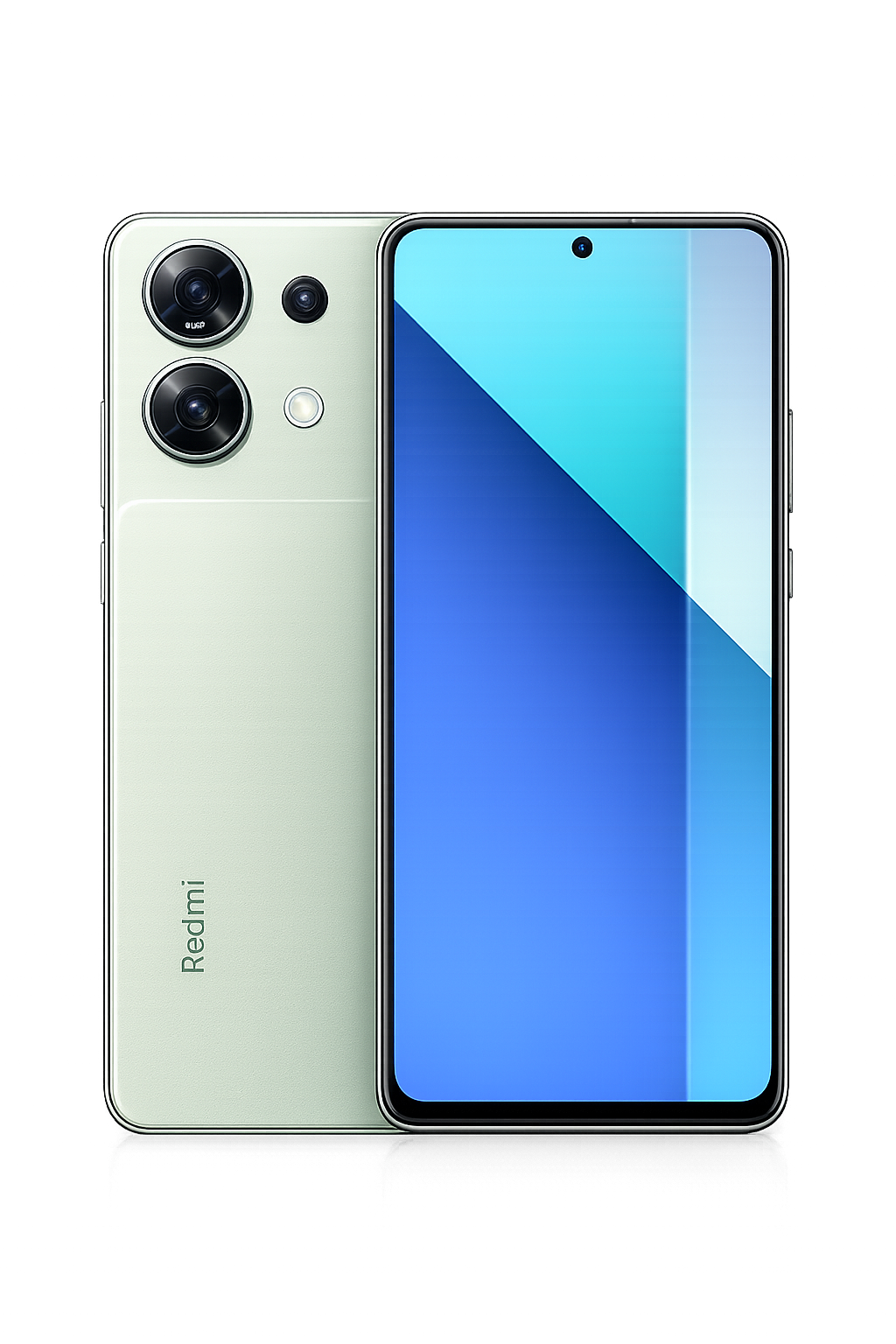 Een smartphones met een witte achterkant en een groot scherm met een dun rand, tegen een achtergrond met kleurrijke lichtspelingen.