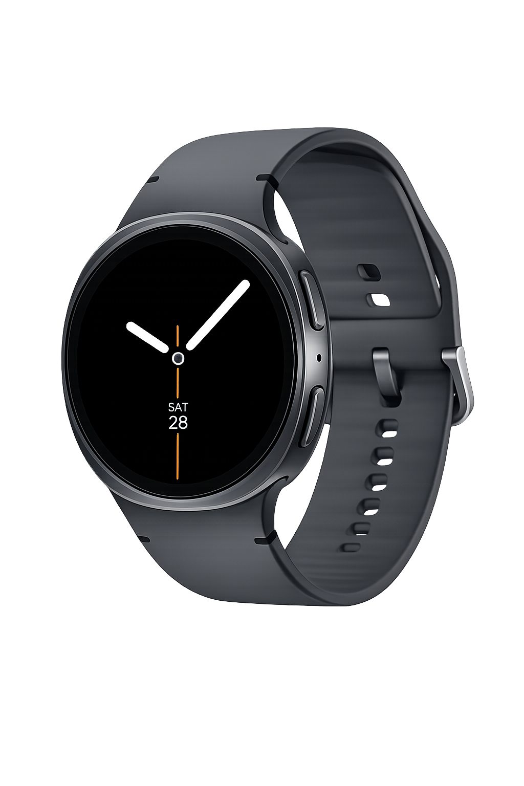 Een slimme horloge met een zwart scherm dat de datum en dag toont, met een grijze band, tegen een kleurrijke achtergrond.