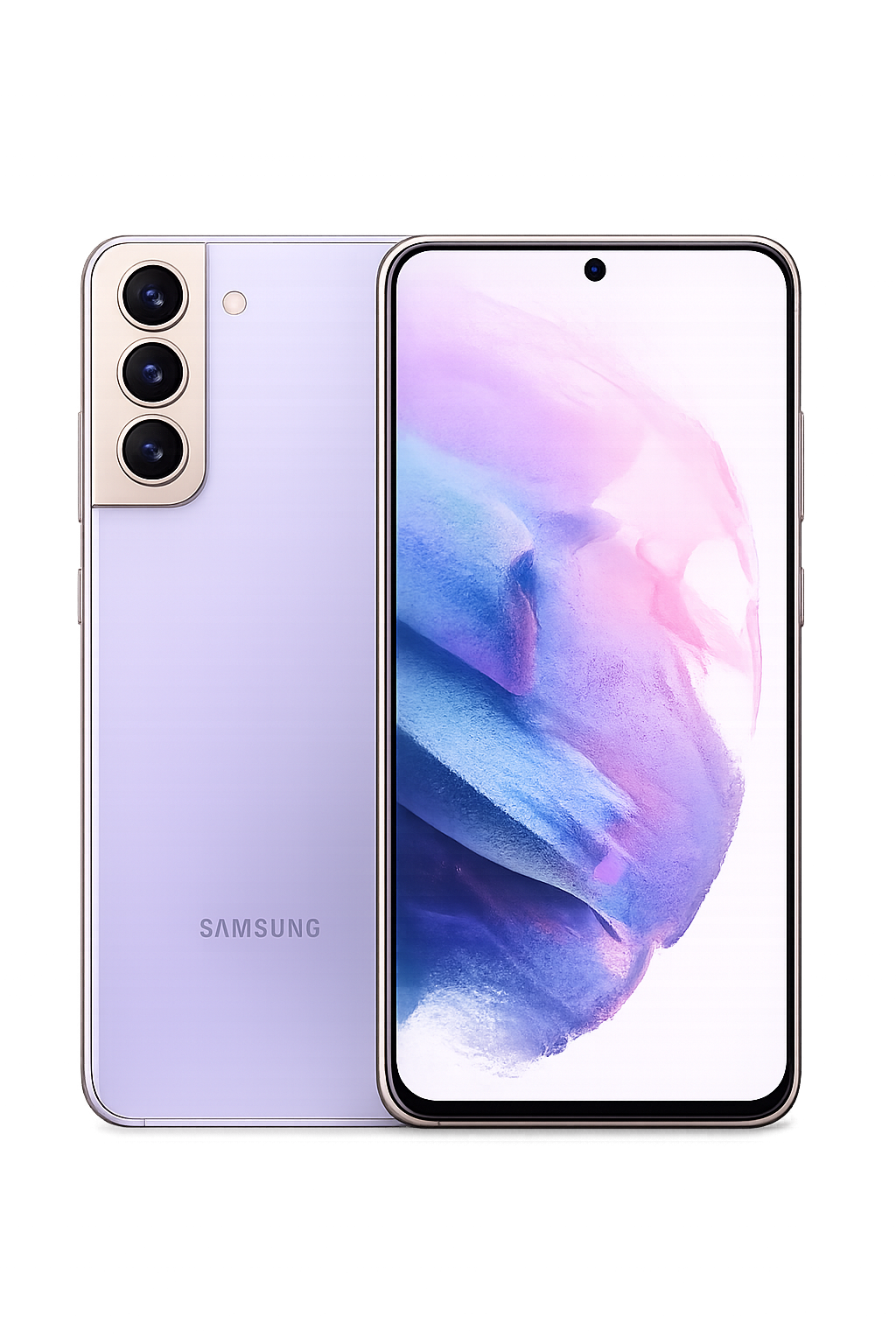 Een wit Samsung-smartphone met een driedubbele cameraback en een groot scherm met een kleurrijk abstract patroon.