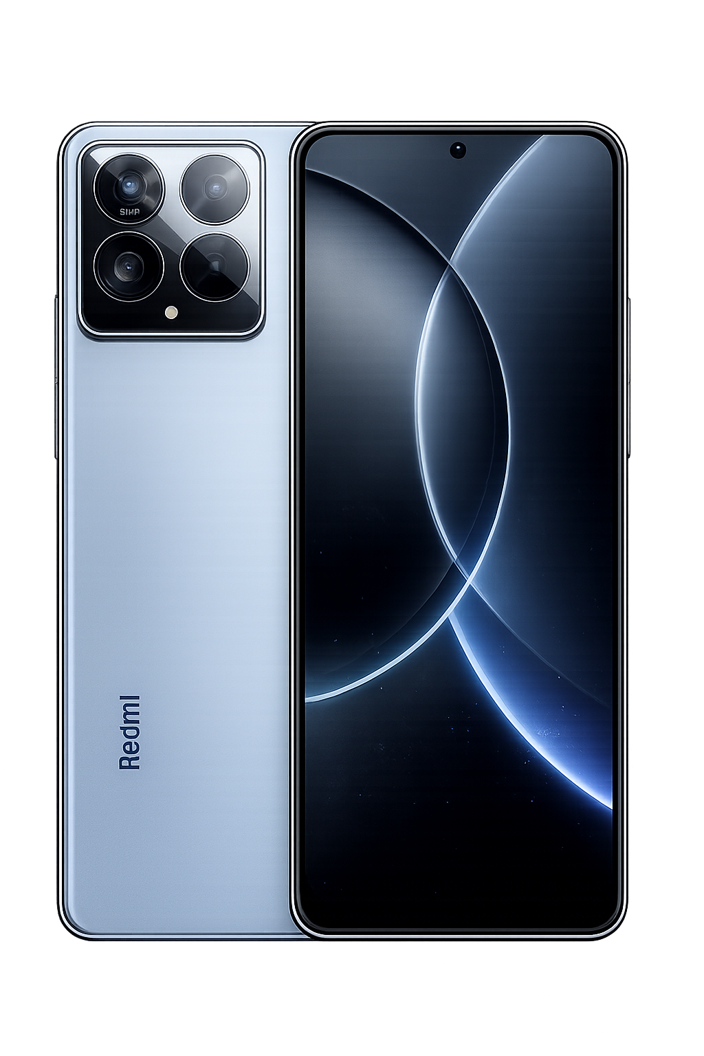 Een nieuwe Xiaomi Redmi-smartphone met een zwart scherm en een drievoudige camera achterzijde.