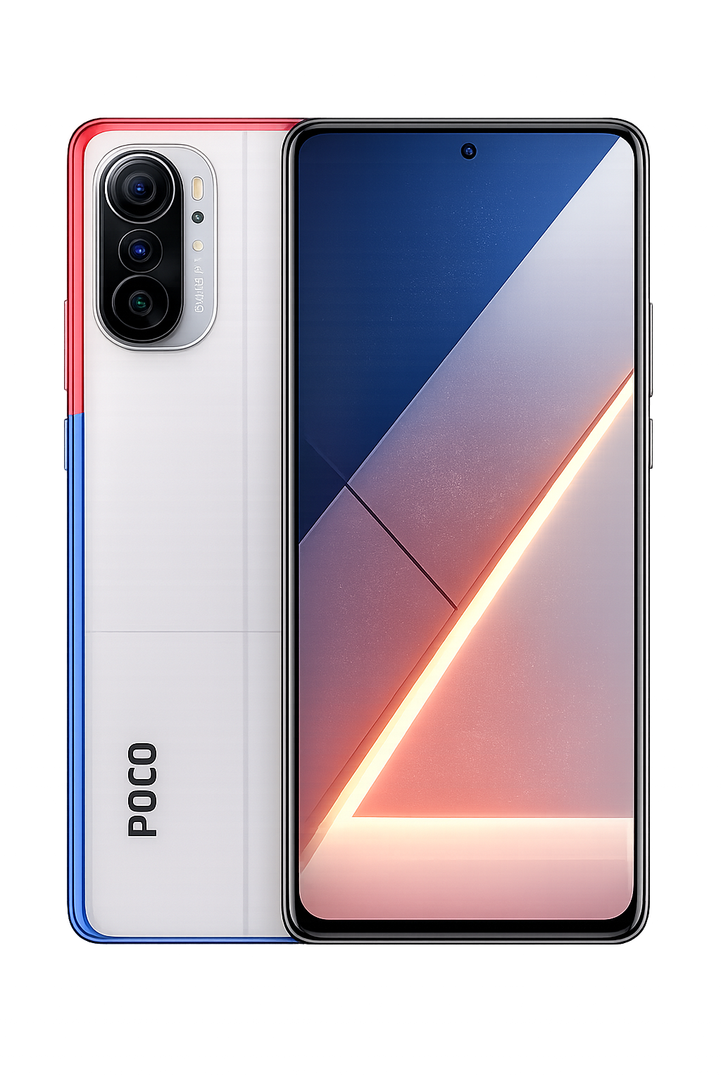 Een smartphone met een wit en zwart ontwerp, met modelnaam POCO op de achterkant, drie camera's in een verticale opstelling en een overzichtelijk scherm met een abstracte achtergrond.