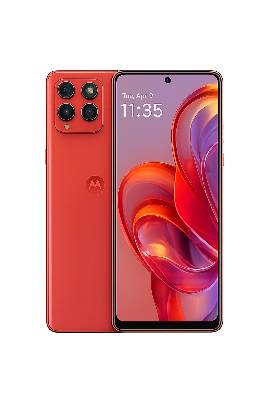 Een rode smartphone met een vierkante camera module aan de achterkant en een scherm dat de datum en tijd weergeeft.