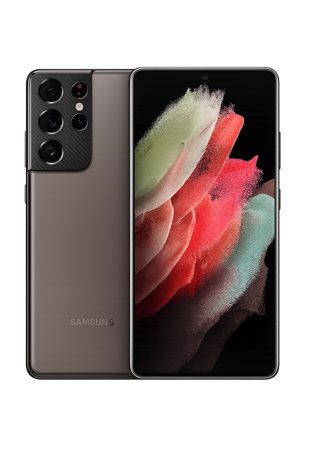 Een Samsung Galaxy S21 smartphone met een zwart scherm en een camera-uitsparing, afgebeeld op een donkere achtergrond met kleurrijke lichtstralen.