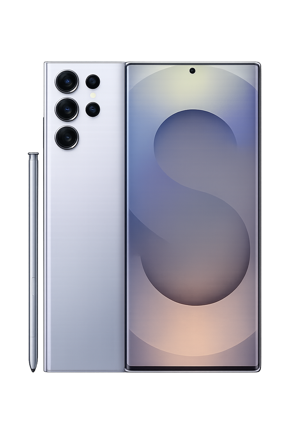 Een close-up afbeelding van een moderne smartphone met een stylus, een groot scherm met een zwevend ontwerp en een meerdere camera's aan de achterkant, weergegeven tegen een donkere, verlichte achtergrond.