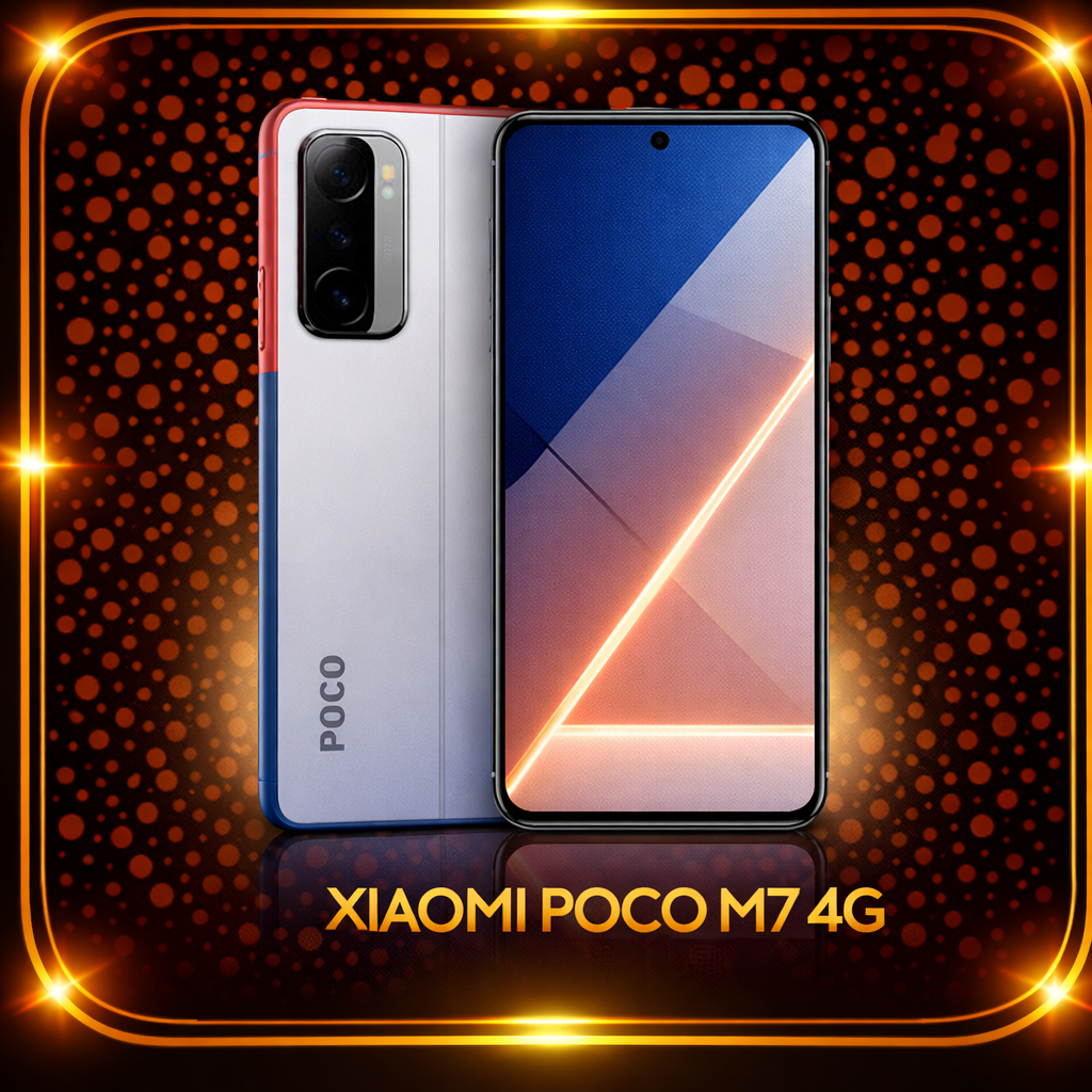 Een afbeelding van een Xiaomi POCO M7 4G-smartphone met een zwart scherm en een blauwe, witte en rode achterkant, geplaatst op een achtergrond met oranje en zwarte stippen en een gouden rand.