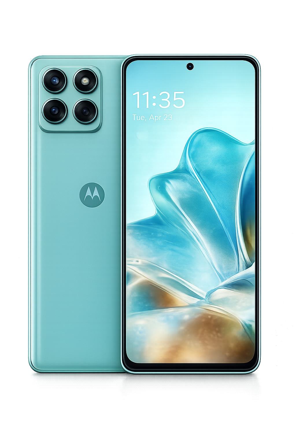 Een Motorola smartphone met een grote scherm en vier camera's op de achterkant, weergegeven in een mintgroene kleur.