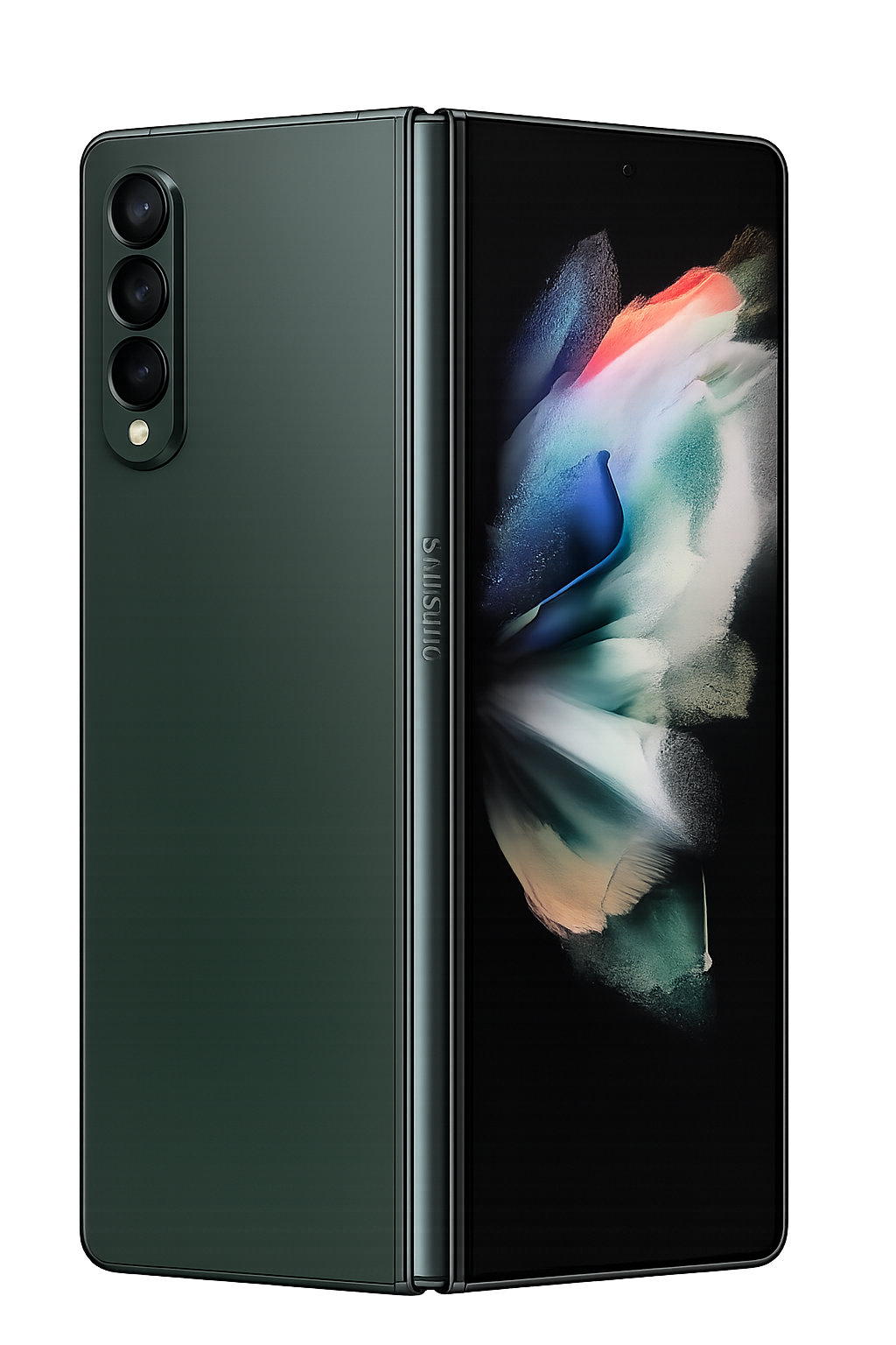 Een zwarte opvouwbare smartphone met drie camera's aan de achterkant en een kleurrijk, abstract beeld op het scherm.