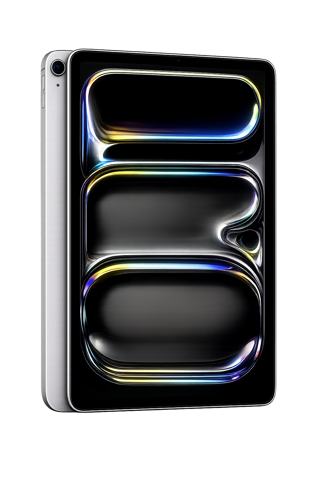 Een moderne smartphone met een kleurrijk, gestileerd scherm, afgebeeld op een zwarte achtergrond met gekleurde lichtstralen.