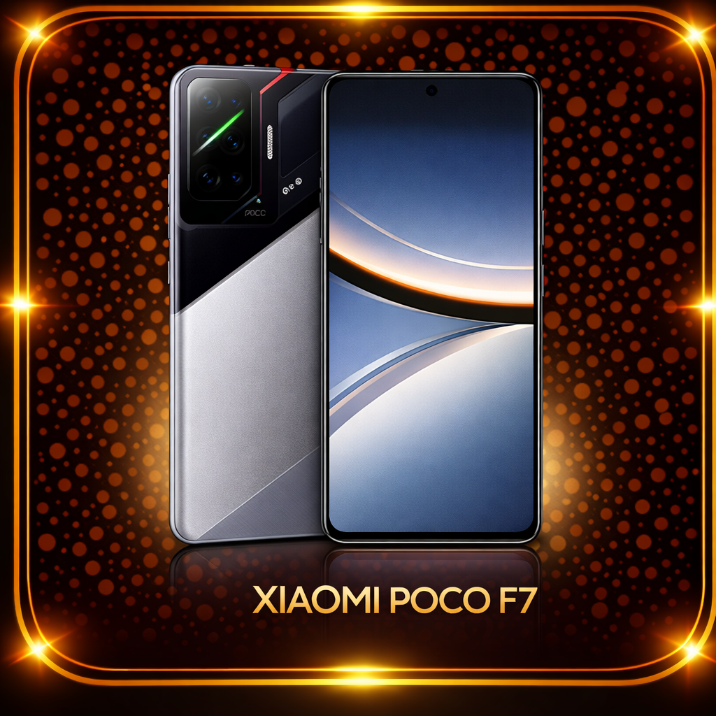 Een afbeelding van de Xiaomi Poco F7 smartphone met een zwart en zilverkleurig ontwerp, het scherm toont een blauwe achtergrond met abstracte lijnen, op de achtergrond zijn oranje gekleurde bolletjes en een gouden rand rond de afbeelding.