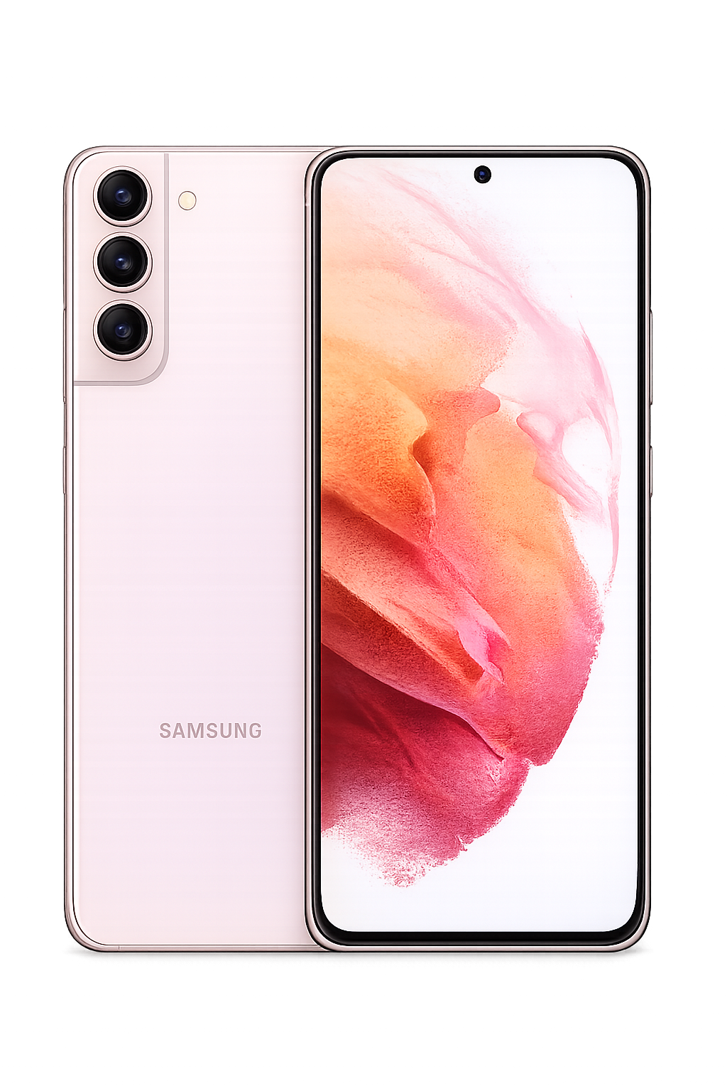 Een zilverkleurige Samsung-smartphone met drie camera's aan de achterkant en een display met een kleurrijk abstract ontwerp.