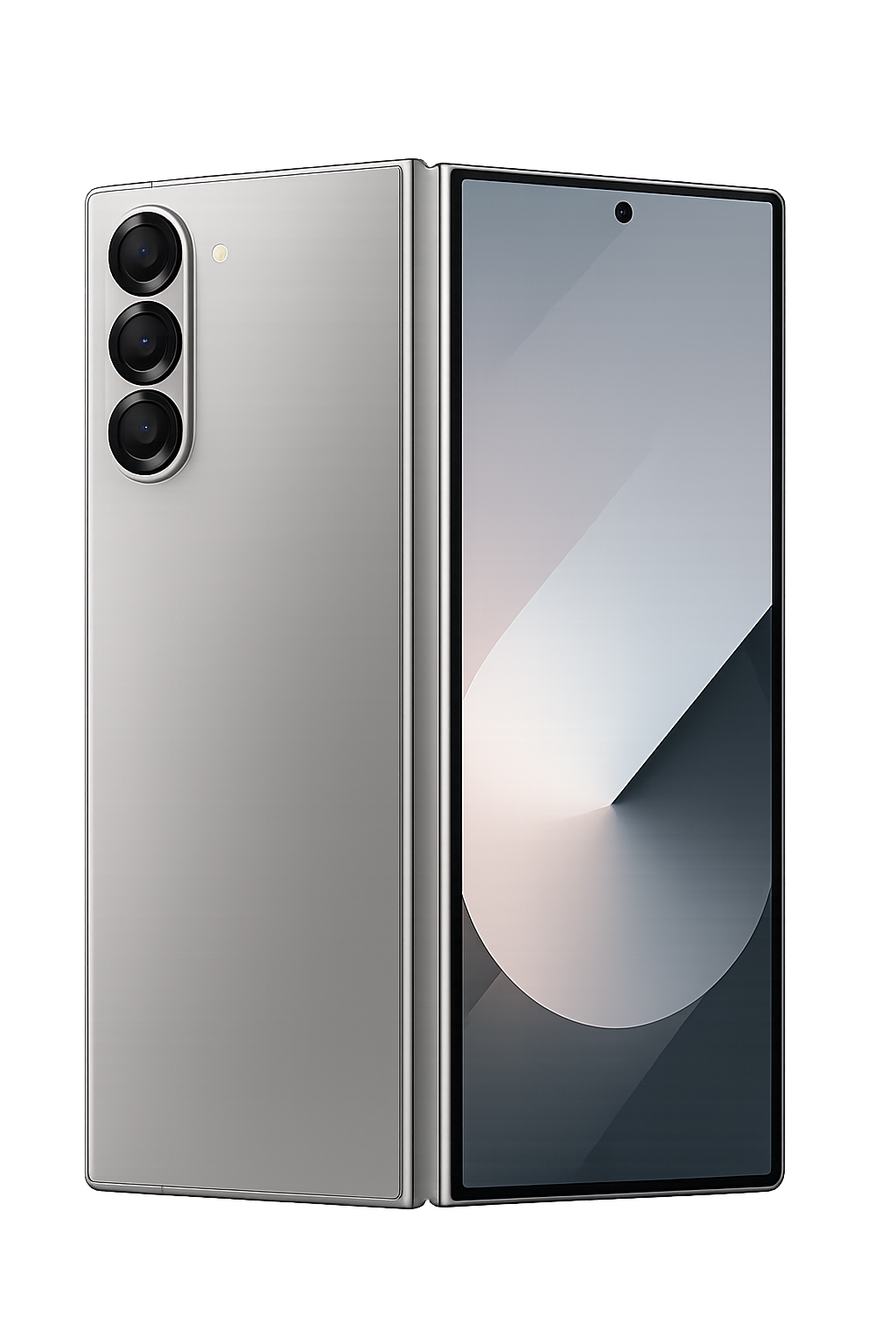 Een zilverkleurige smartphone met een groot scherm en drie camera's op de achterkant, tegen een donkere achtergrond met gekleurd licht.