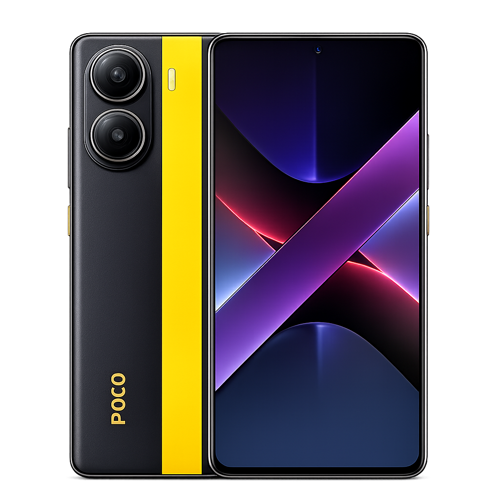 Een smartphone met een zwart en geel ontwerp en twee camera's op de achterkant, naast een kleurrijk scherm.