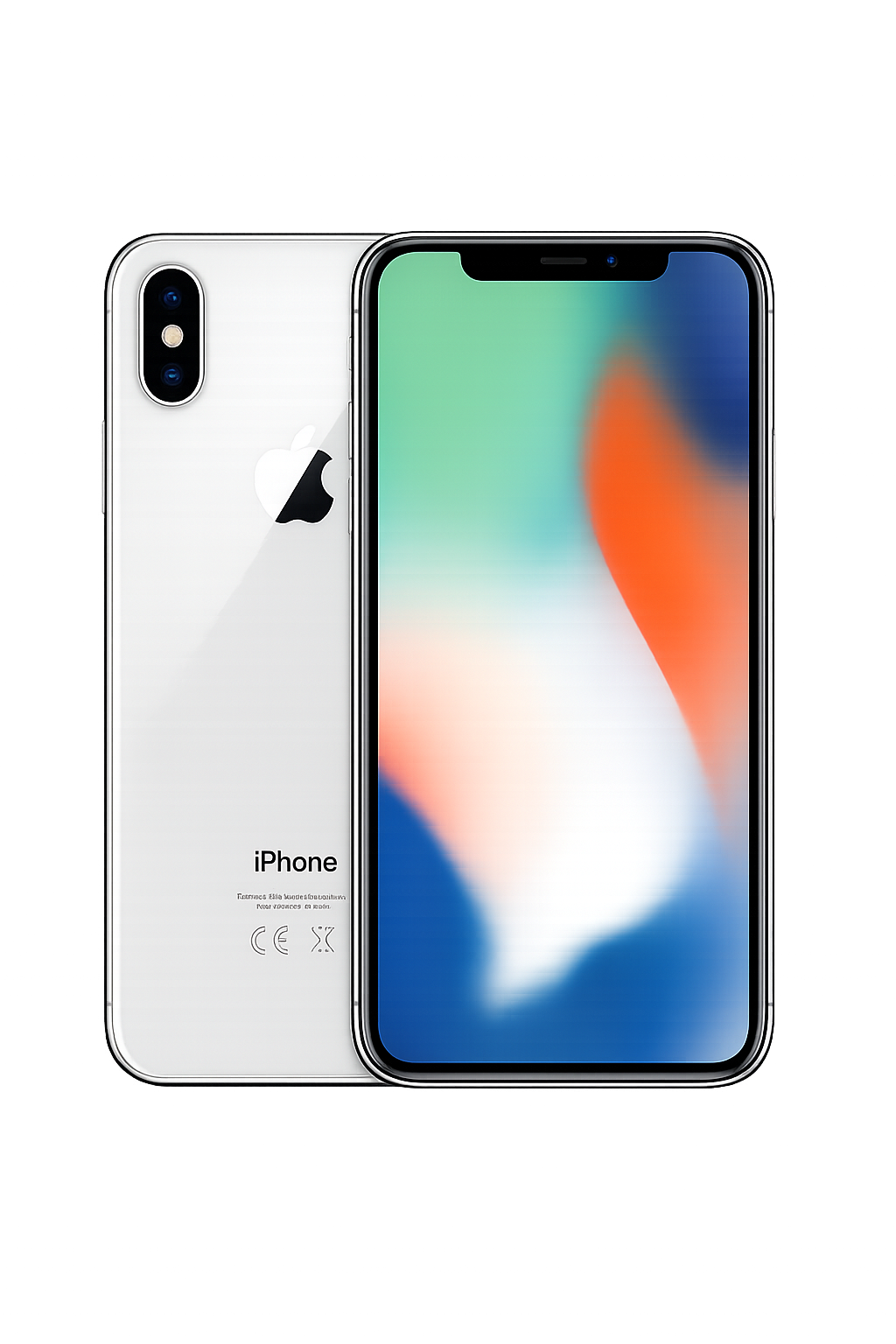 Een zilveren iPhone met een zwart randje rondom het scherm, weergegeven van voor- en achterkant, met een kleurrijke, wazige achtergrond.