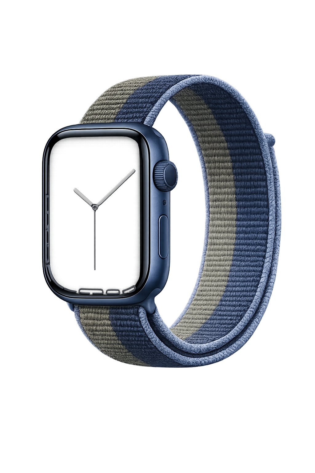 Een smartwatch met een ronde wijzerplaat en een band met strepen in beige, donkerblauw en lichtblauw, ingesteld tegen een kleurrijke, lichtgevende achtergrond.