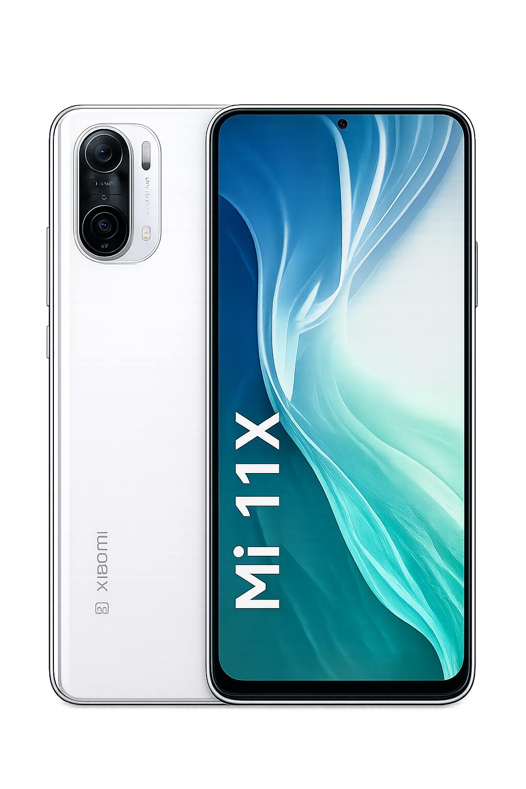 Een witte Xiaomi Mi 11X-smartphone met een groot scherm en een dubbele camera op de achterkant, uitgerust met een lichtplan en een robuust ontwerp.