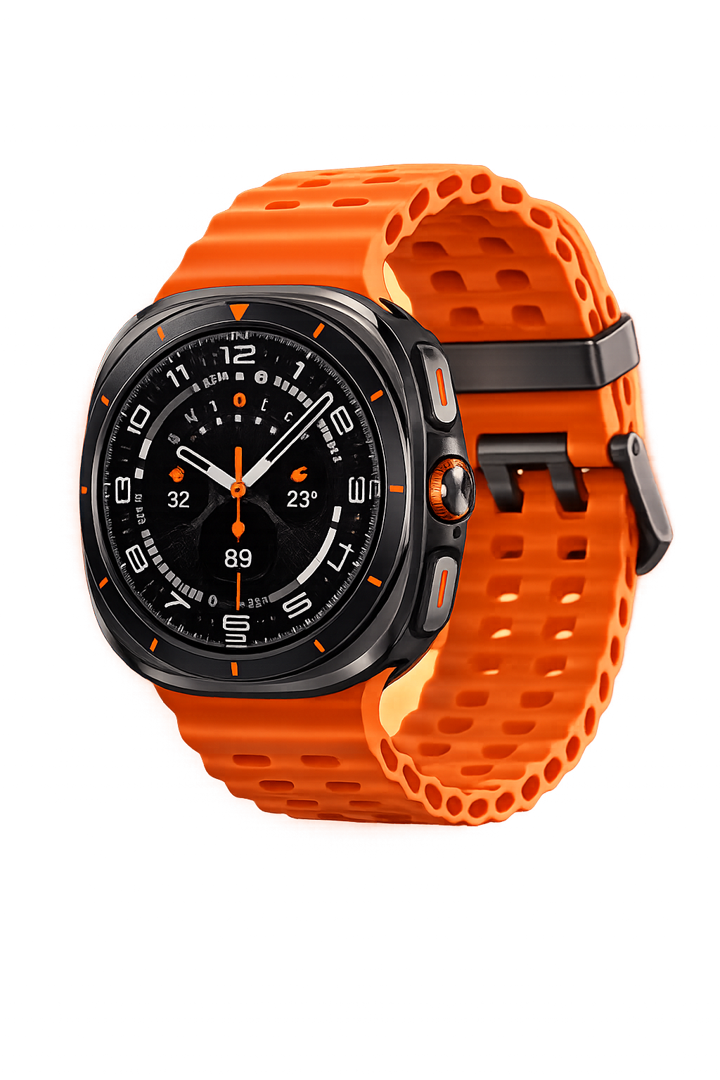 Dames smartwatch met zwart rond scherm en oranje band, digitale wijzerplaat met meerdere functies.