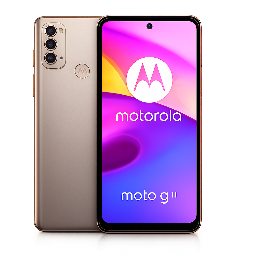 Een goudkleurige Motorola Moto G 11 smartphone met het Motorola logo op het scherm, geplaatst tegen een kleurrijke achtergrond.